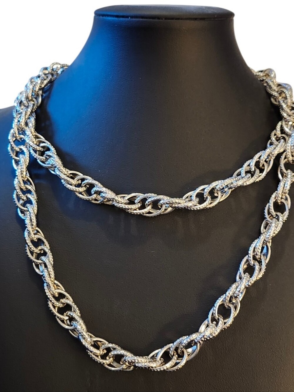 White House Black Market Long Silver Tone Chunky Twisted Rope Link Necklace